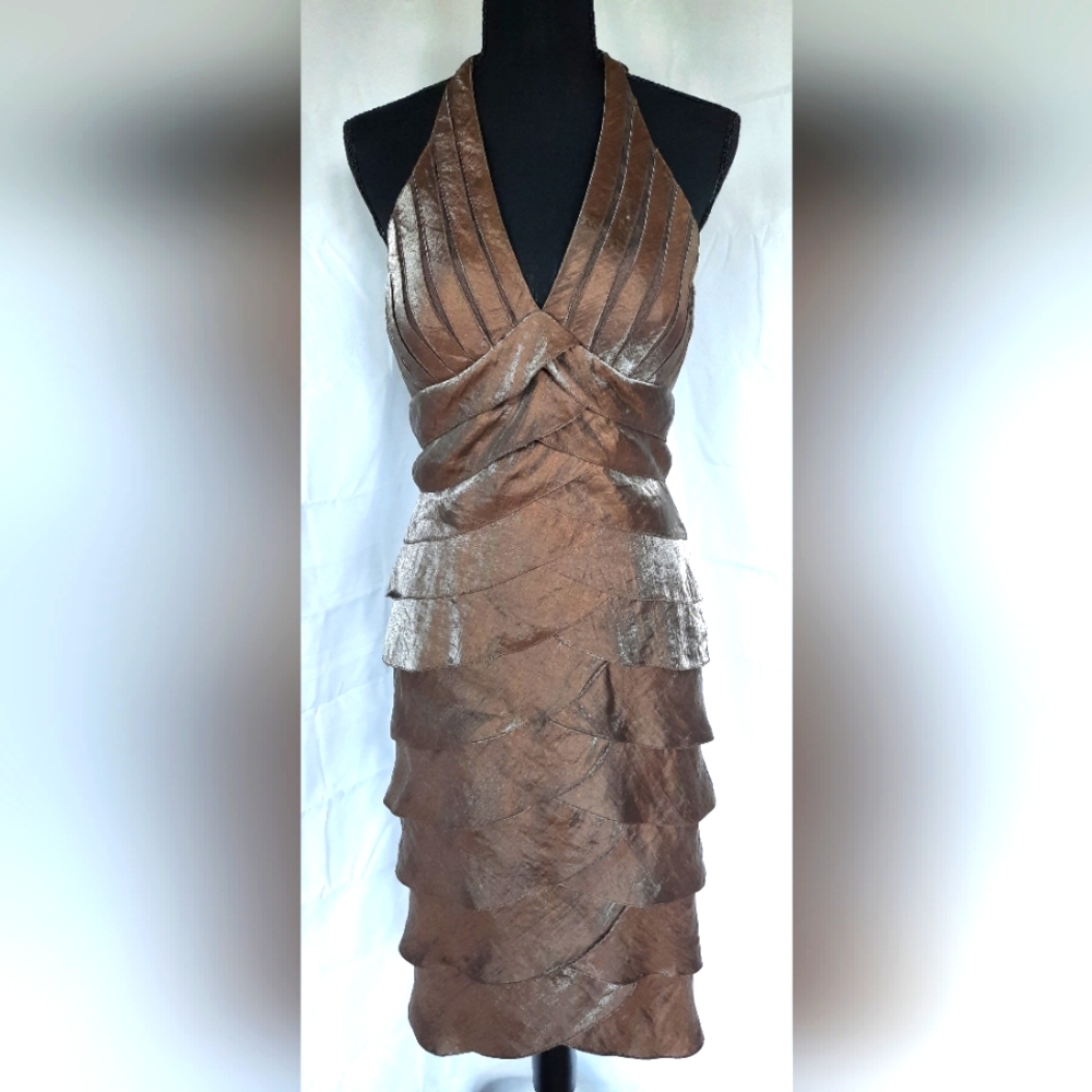 Vintage Cache Cocktail Dress Sz 6 Bronze Brown V Neck Halter Mermaid Tier Fairy - Picture 2 of 16